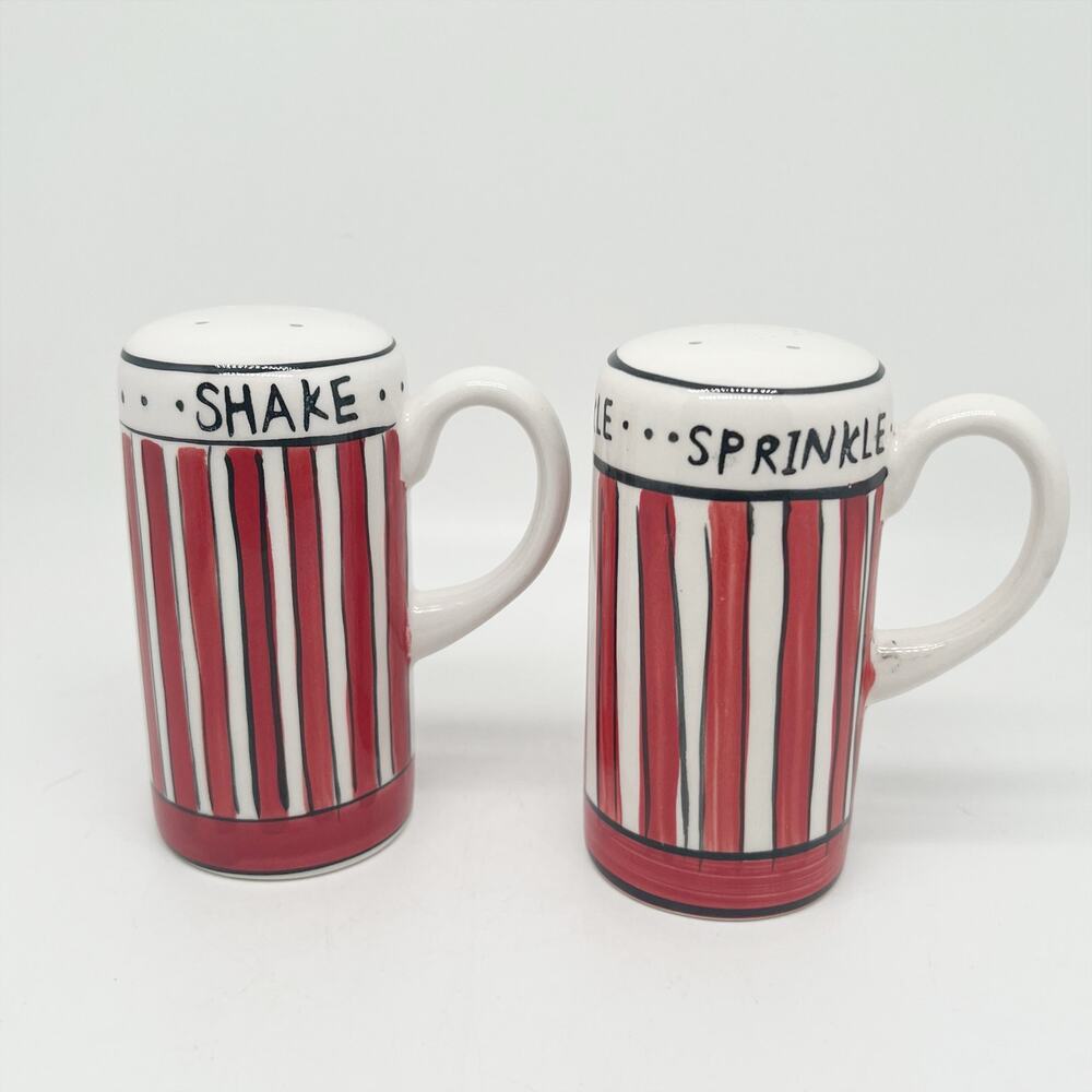 Red and White Striped Ceramic Salt & Pepper Shakers Set Shake & Sprinkle